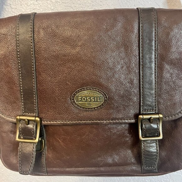 Fossil Brown Leather Crossbody Briefcase Laptop Messenger Attache' Bag Carryon